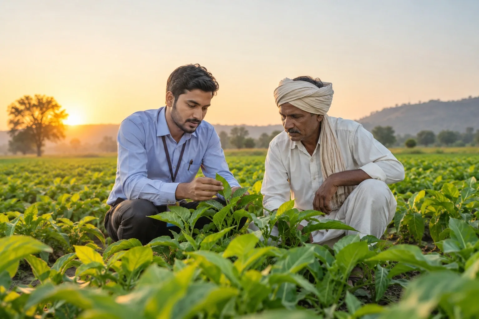 An Indian agronomist and farmer inspecting healthy green crops in a thriving farm at golden morning light, authentic rural textures, no brand labels.